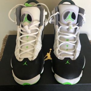 Youth size 6 Jordan 6 rings, white green and black
